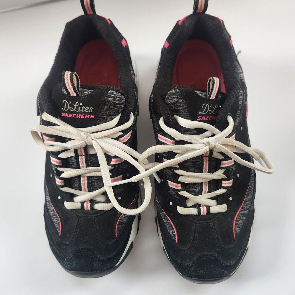 Women's Sketchers D'Lites Black Pink Air Cooled Memory Foam Lace Up Sneakers 7